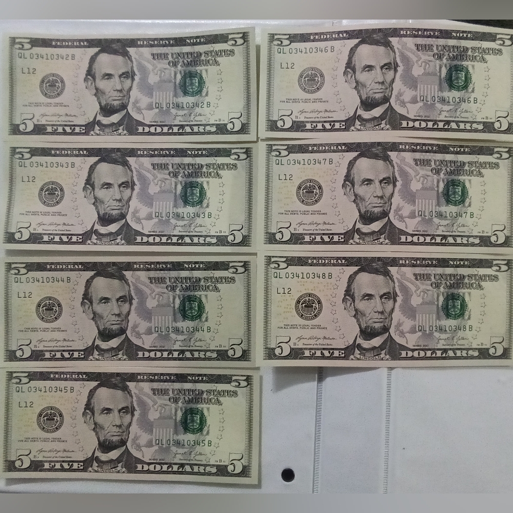 7 Sequential $5 Bills Uncirculated 2021